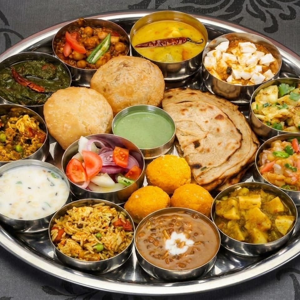 A large silver platter with many small bowls of various Indian dishes, including breads and sweets.