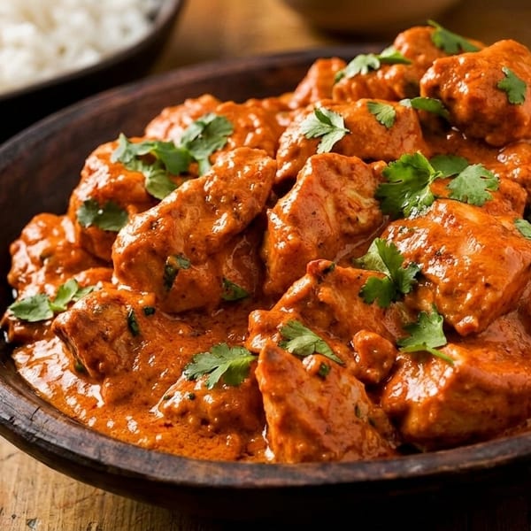 Chicken tikka masala in a rustic wooden bowl, garnished with cilantro, with rice in the background.