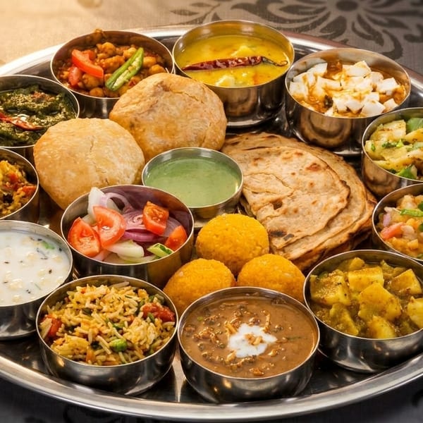 A large silver thali platter filled with various colorful Indian dishes, including curries, rice, bread, and desserts.