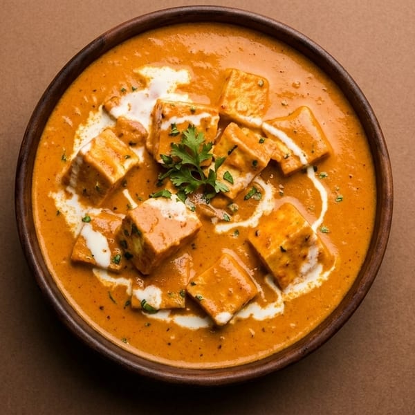 Paneer butter masala, an Indian dish, in a rustic wooden bowl on a brown background.