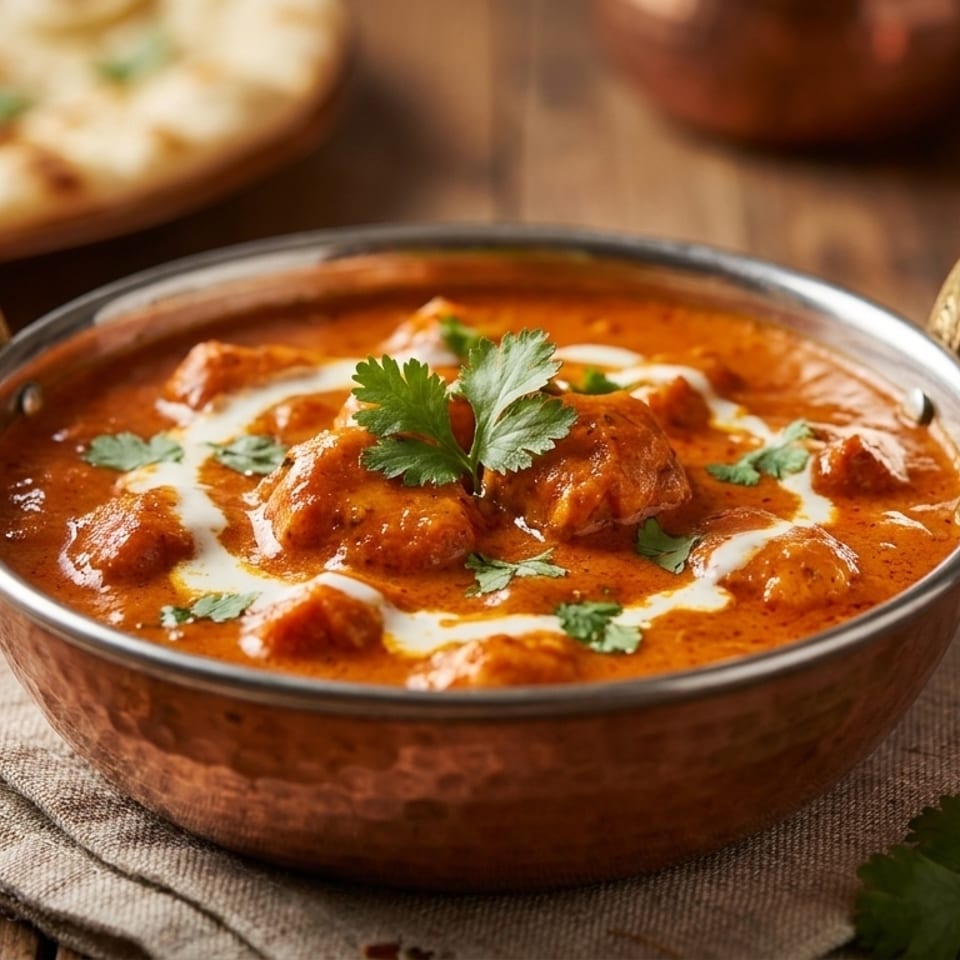 A copper bowl of butter chicken curry with cream swirls and cilantro, with naan bread in the background.