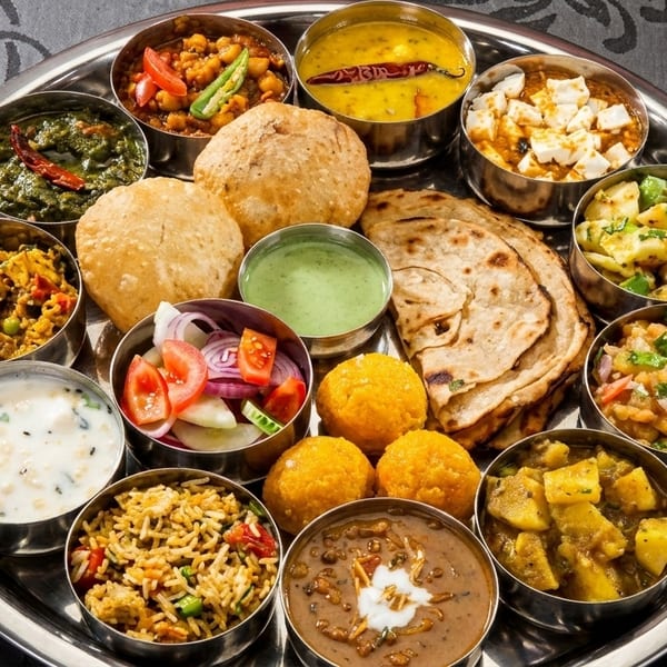 A large silver thali platter filled with various Indian dishes, including curries, bread, rice, and sweets.