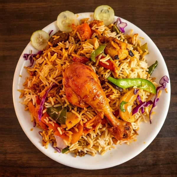 Chicken biryani with vegetables and lime slices on a white plate, on a wooden table.